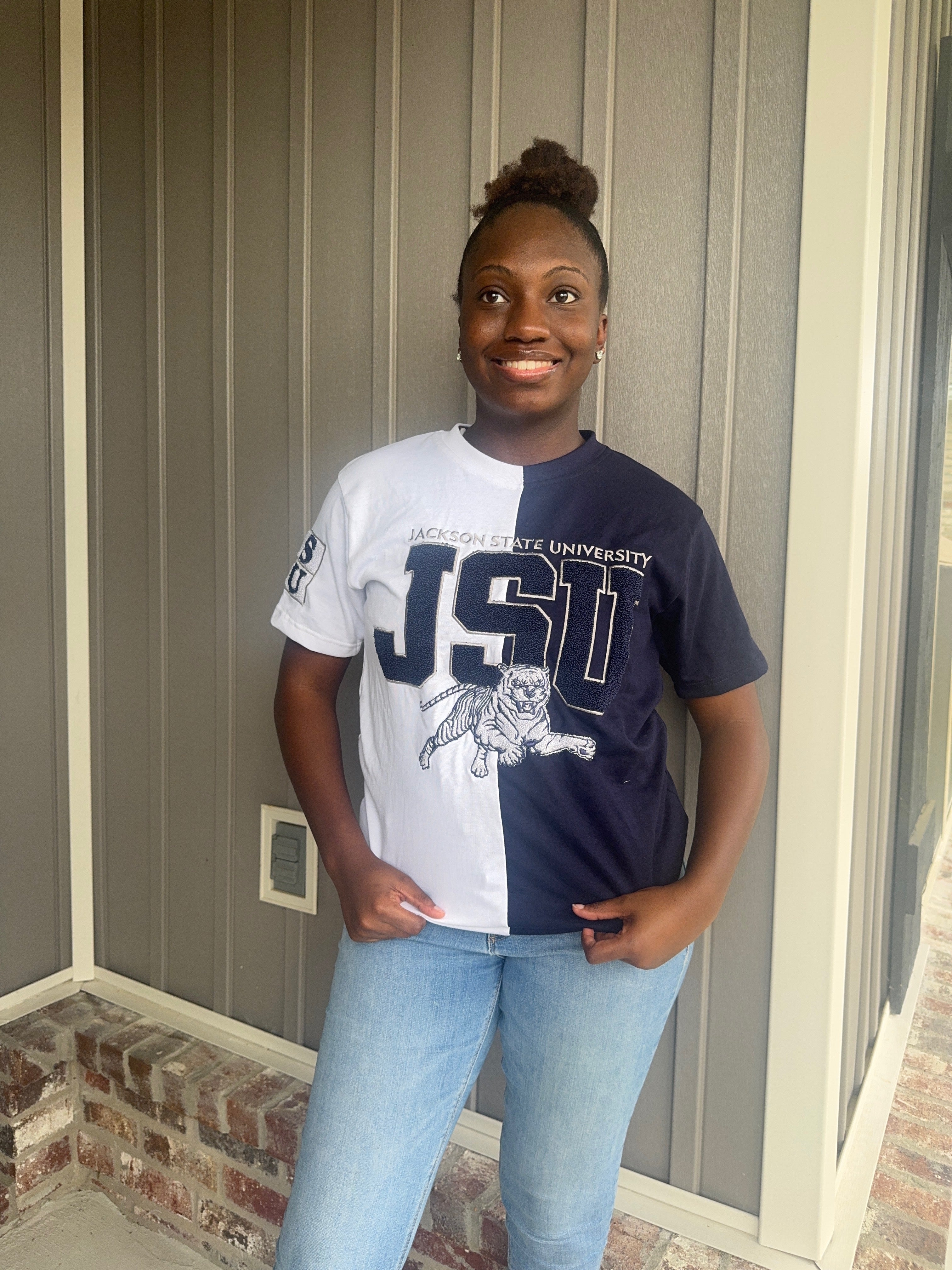 JSU Blue and White Split Tshirt PRE ORDER SHIPS END OF NOVEMBER