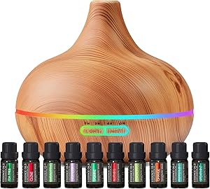 Ultimate Aromatherapy Diffuser & Essential Oil Set - Ultrasonic Top 10 Oils Modern with 4 Timer 7 Ambient Light Settings Therapeutic Grade Lavender