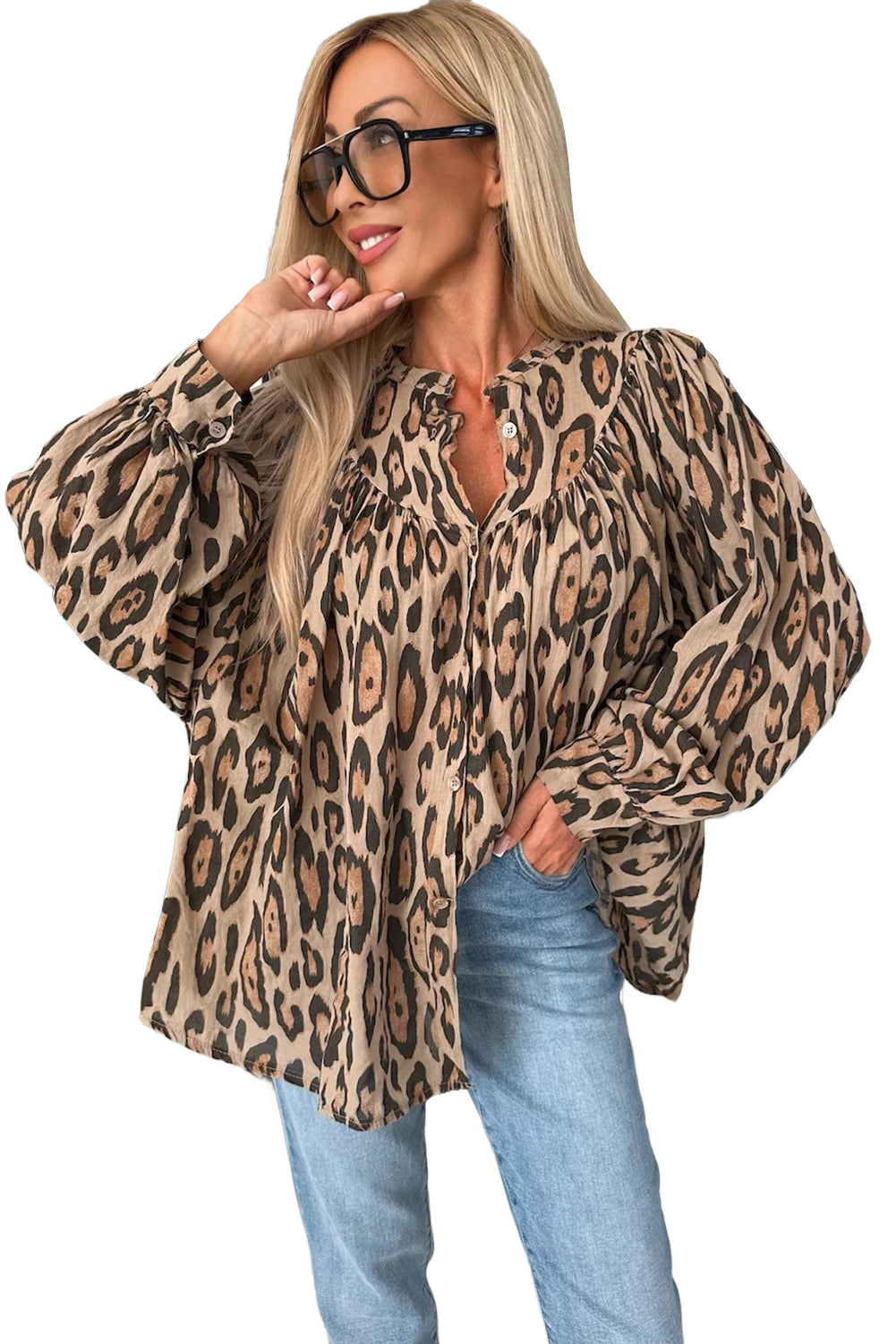 Light French Beige Oversized Leopard Print Balloon Sleeve Casual Shirt