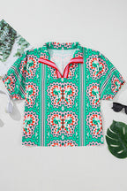 Sea Green Boho Geometric Print Split Neck Blouse