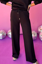 Black Zipper Stand Neck Top and Wide Leg Pants Set