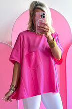 Bright Pink Patched Pocket Exposed Seam Oversize T-shirt