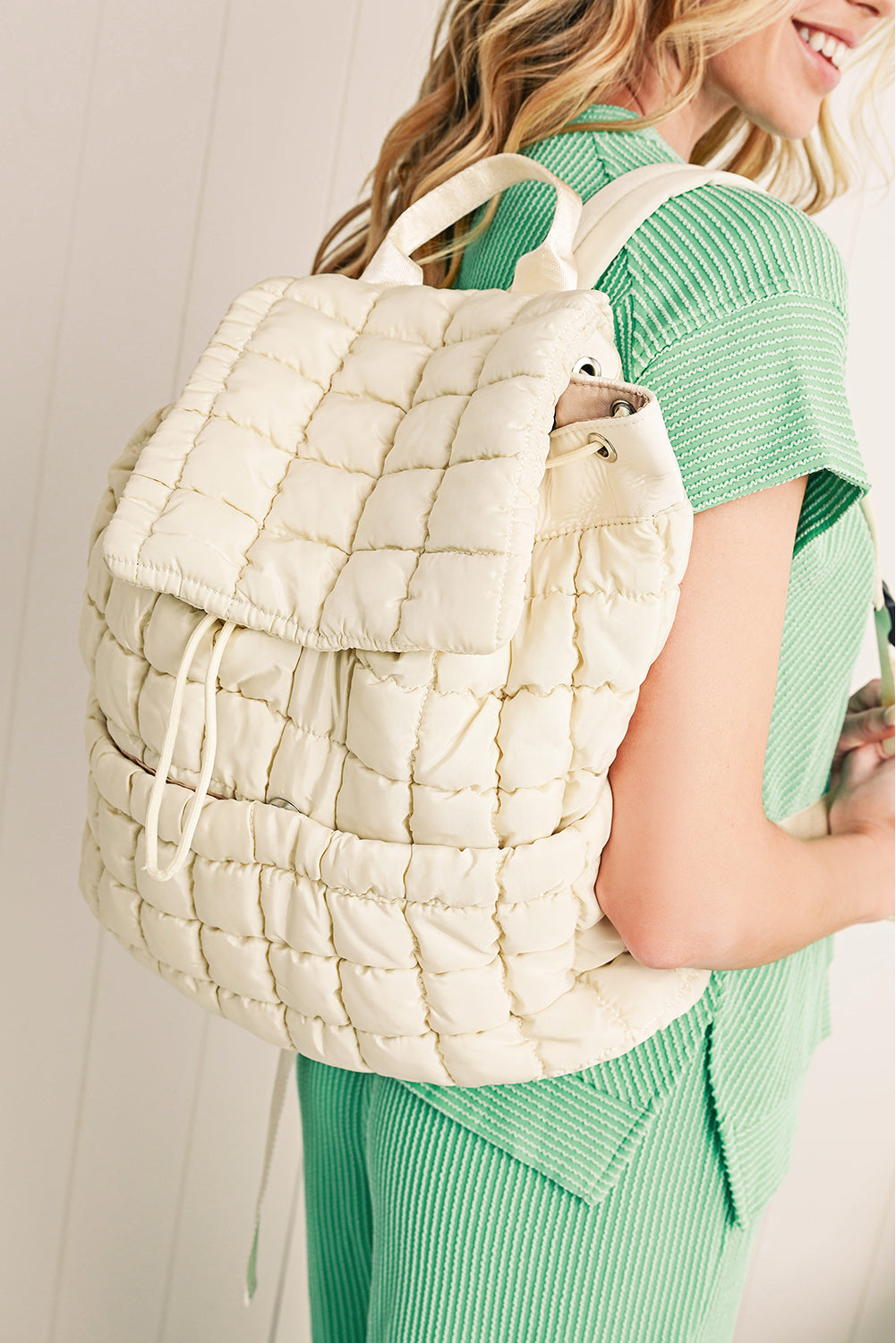 Pink Solid Flapped Quilted Puffer Backpack