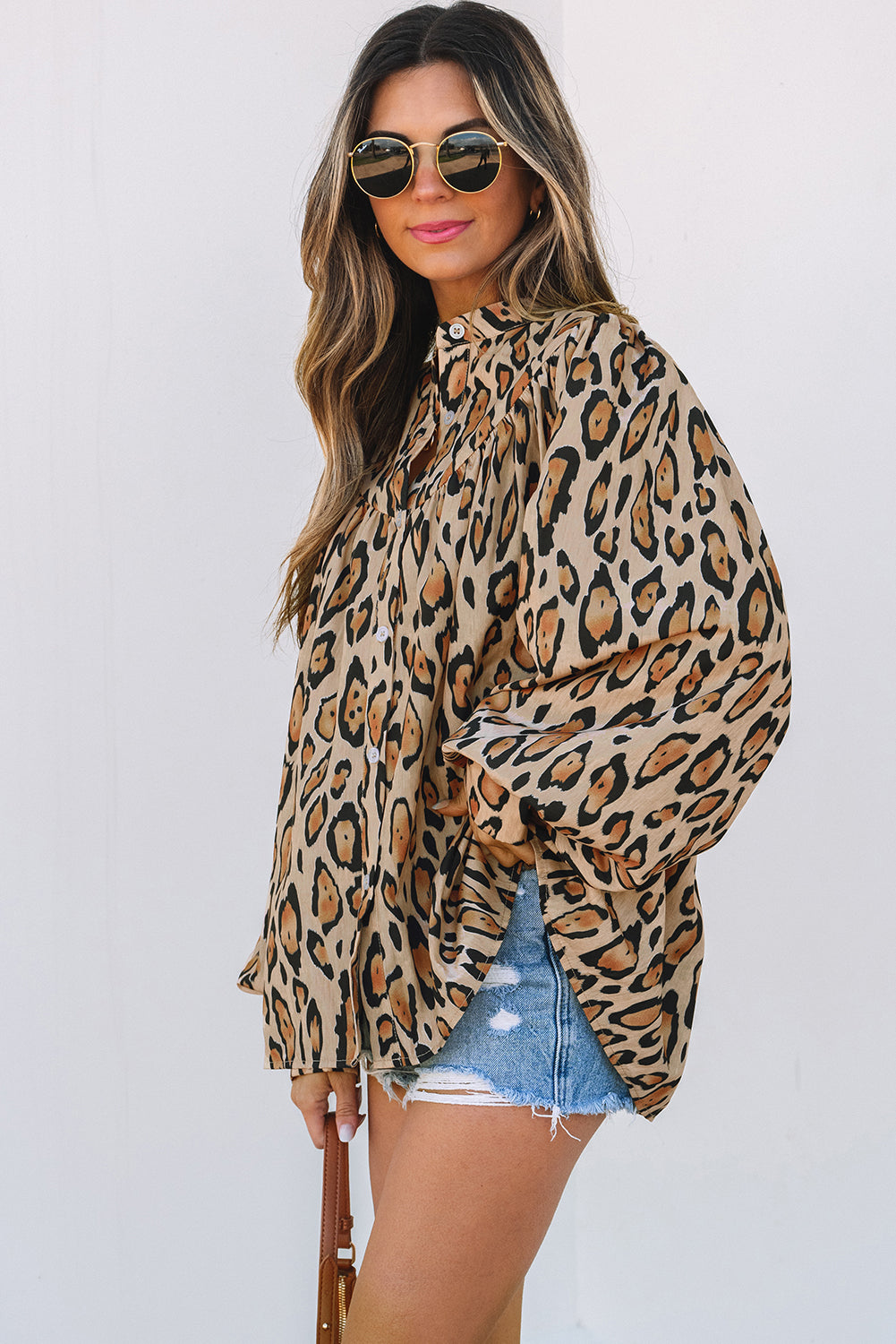 Light French Beige Oversized Leopard Print Balloon Sleeve Casual Shirt