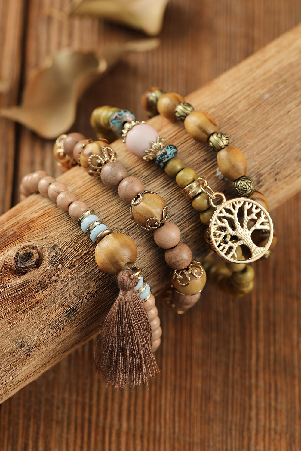 Brown Tree Of Life Charm Tassel Layers Wood Beads Bracelet