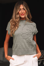 High Flower Pattern Ribbed Trim Short Sleeve Boxy Sweater