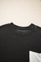 Carbon Grey Corded Knit Color Block Pocketed Crew Neck T Shirt