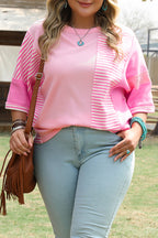 Pink Stripe Patchwork Colorblock Plus Size T Shirt