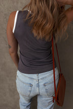Smoke Gray Ribbed Knit Contrast Edge U Neck Slim Fit Tank Top