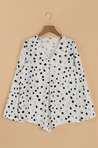 White Polka Dot Print Button Front V Neck Blouse