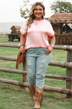 Pink Metallic Gloss Short Batwing Sleeve Plus Size Top