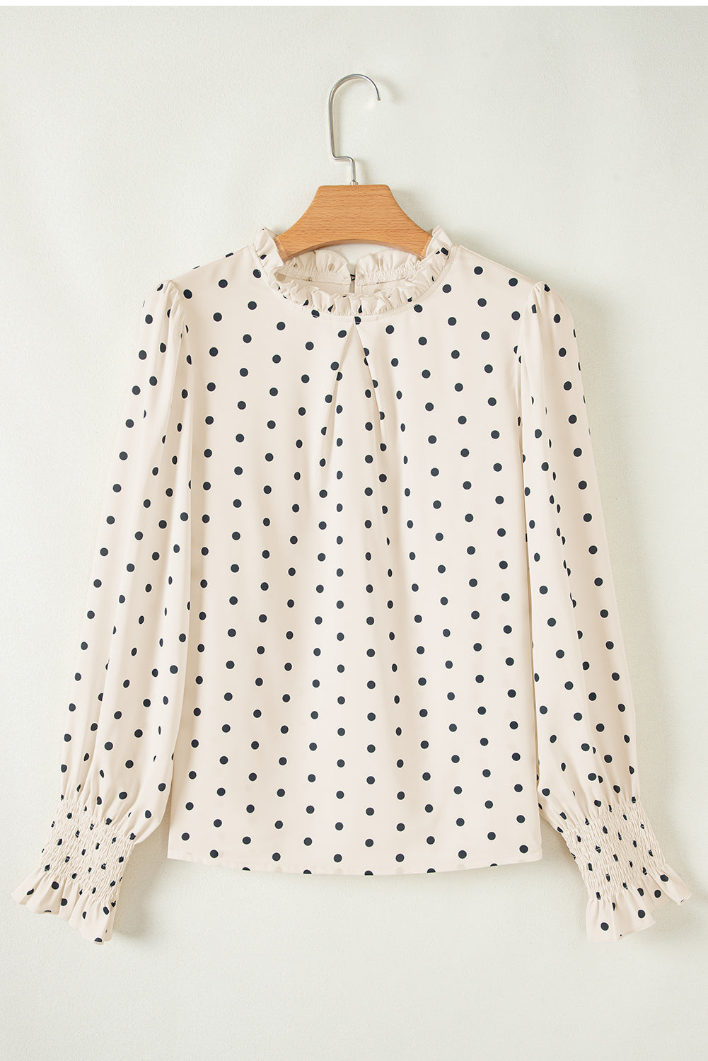 Apricot Polka Dot Print Frill Neck Smocked Lantern Sleeve Blouse