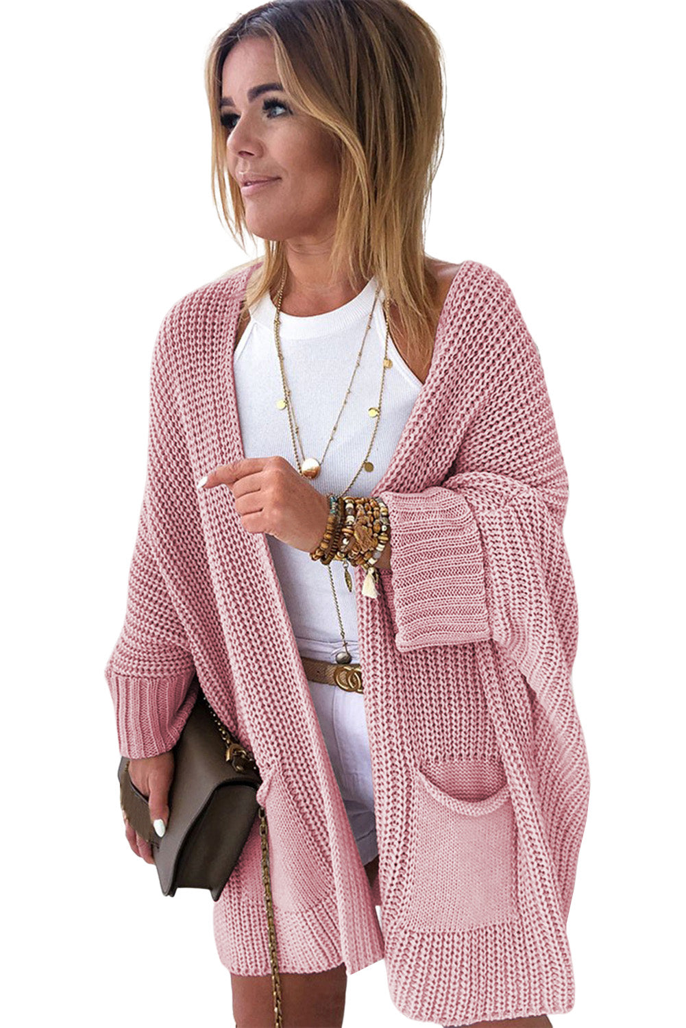 Pink Oversized Fold Over Sleeve Open Front Cardigan