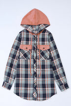 Pink Contrast Hooded Drawstring Plaid Shacket