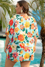 Sky Blue Plus Size Floral Print V Neck Batwing Sleeve Blouse