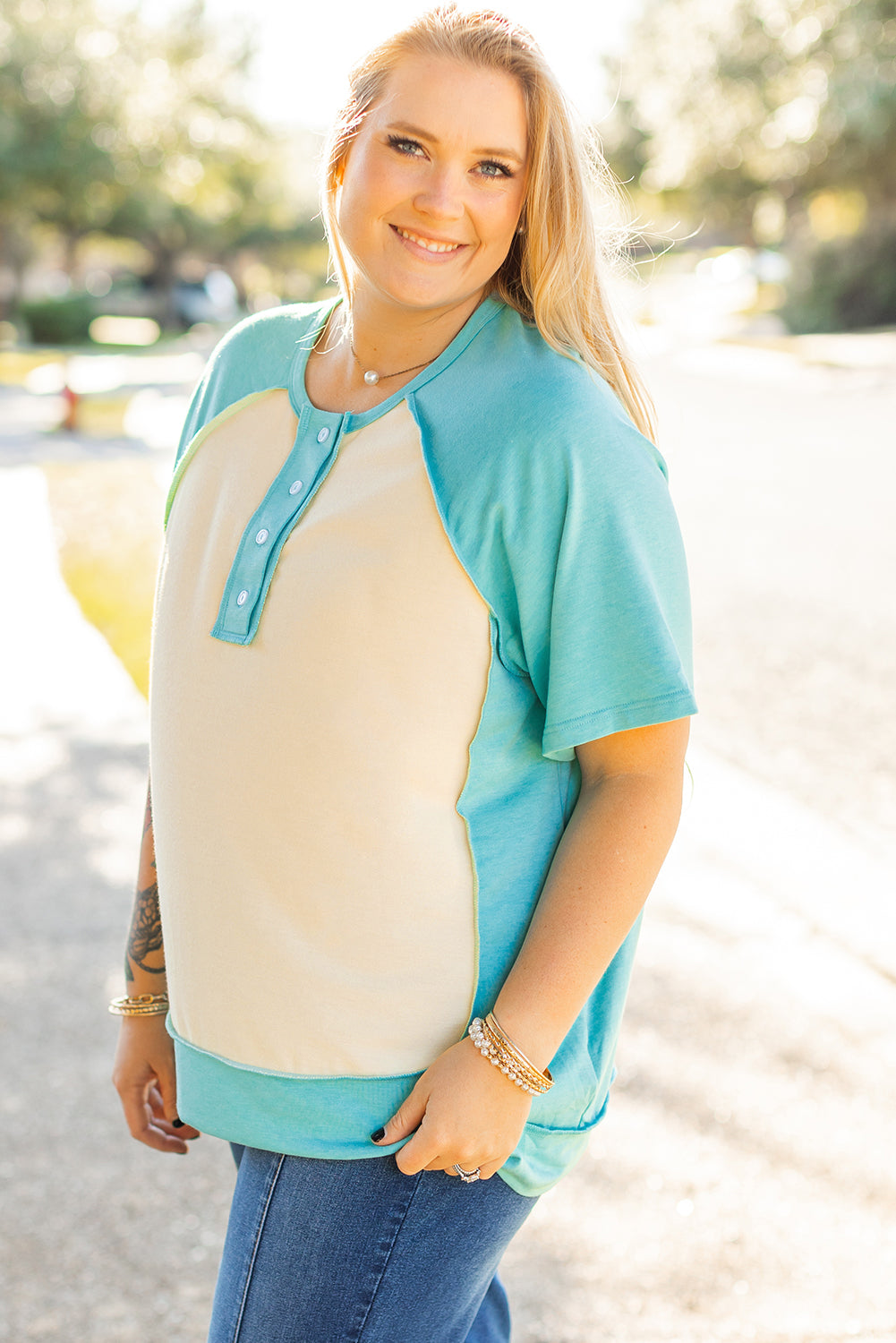 Mint Green Color Block Raglan Sleeve Buttoned Plus Size T Shirt