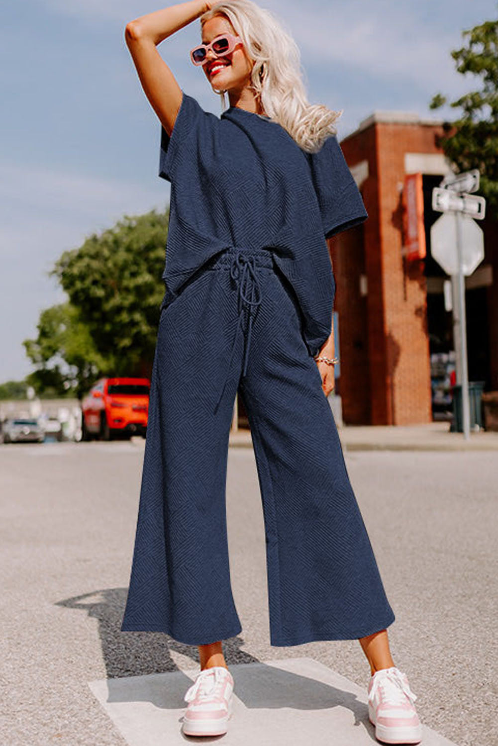 Navy Blue Textured Loose Fit T Shirt and Drawstring Pants Set