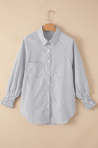 Pink Striped Casual Shirred Cuffs Shirt