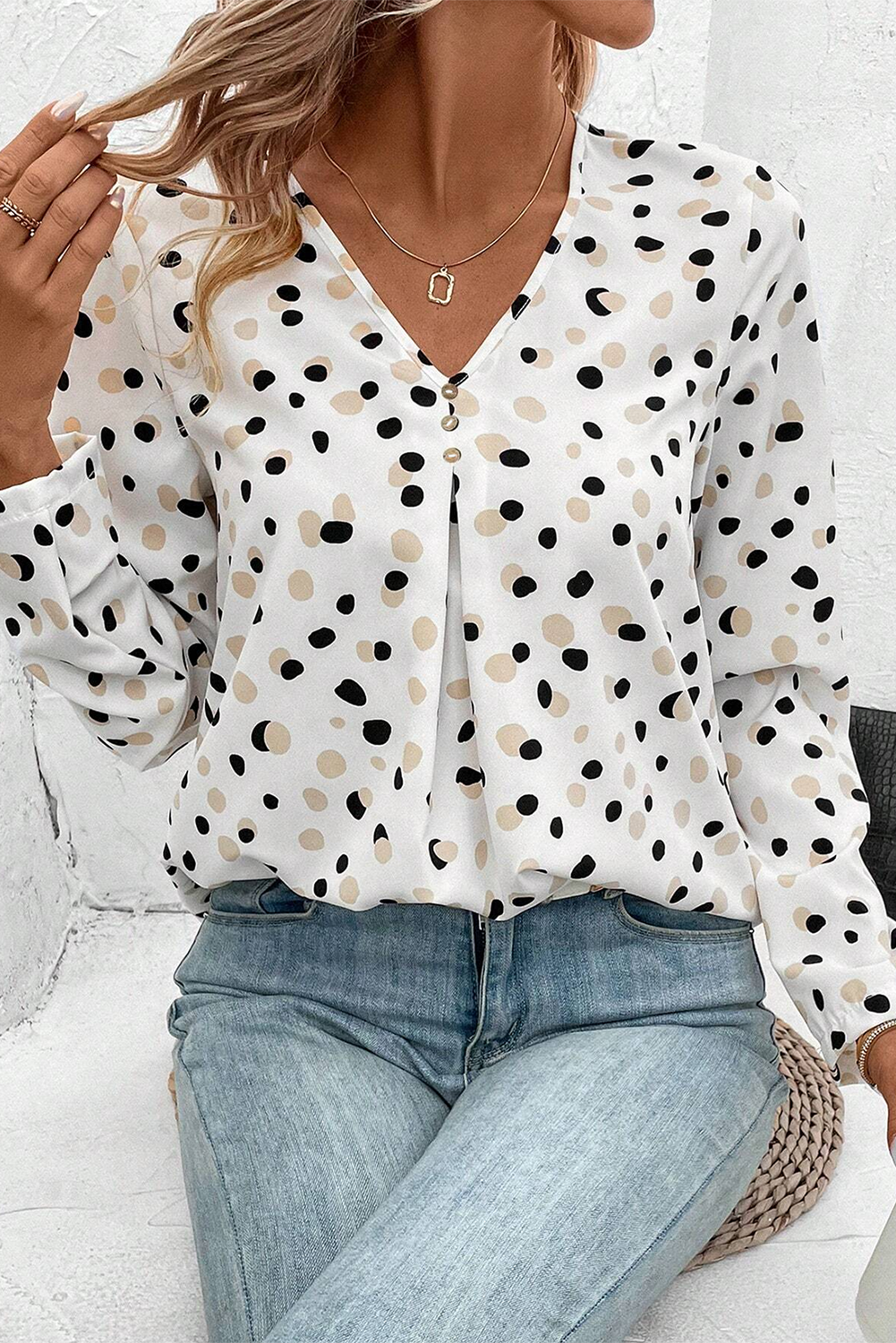 White Polka Dot Print Button Front V Neck Blouse