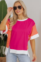 Rose Red Color Block Patchwork Side Slits Loose Fit T Shirt
