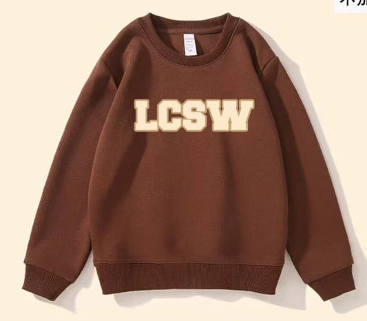 LCSW Chocolate Brown Sweatshirt with Chenille Embroidery trimmed in Khaki