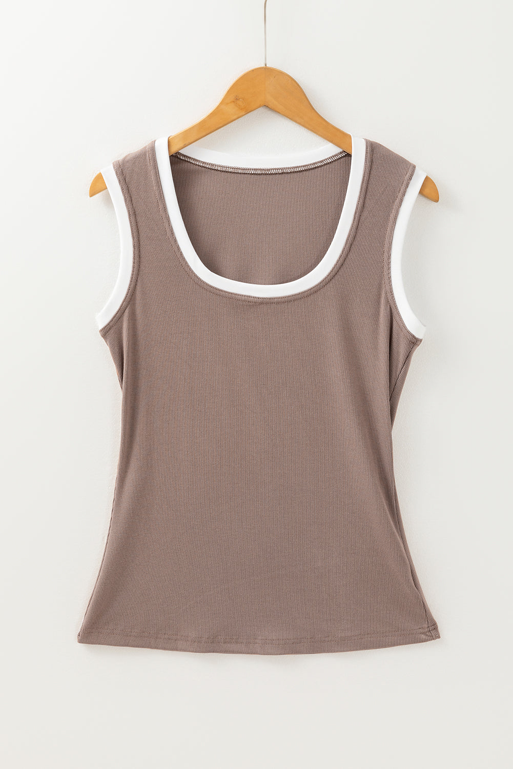 Smoke Gray Ribbed Knit Contrast Edge U Neck Slim Fit Tank Top