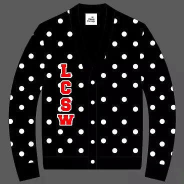 Fashionable Polka Dot LCSW Cardigan with Red Chenille Letter